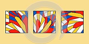 Abstract colorfull wall art square posters. Neoplasticism, Bauhaus, Mondrian style. Red yellow blue colors simple shapes