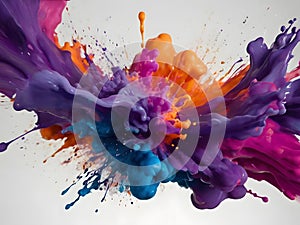 Abstract colors in motion ink exploding vibrant purple, orange, pink, blue splashing