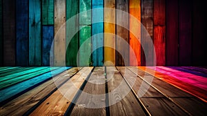 An abstract colourful multicolour wood plank texture background.