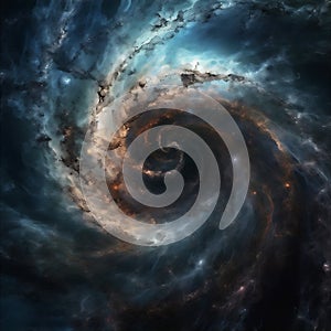 Abstract colourful spiral galaxy in space, interstellar nebula, realistic swirling vortex. AI generated
