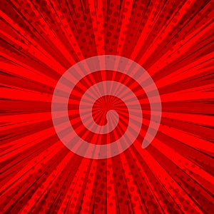 Abstract comic red background for style pop art design. Retro burst template backdrop. Light rays effect.