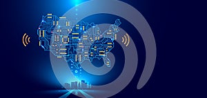 Abstract communication network map USA or America as a printed circuit Board. Smart city connected with country. Technology