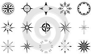 Abstract Compass rose and arrows vector set. Isolated white background.