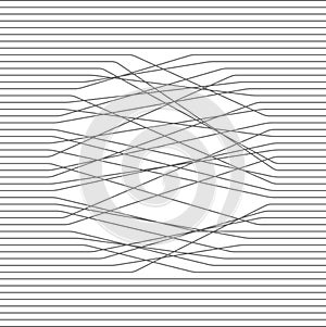 Abstract composition. Black and white illustration. Parallel lines intersect in a circle. Vector design texture