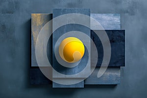 Abstract composition with blue textured panels and a vibrant yellow sphere