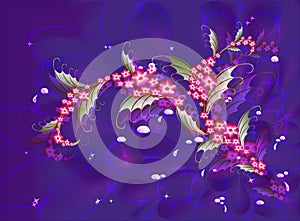 Abstract composition with branch of Sakura flowers on a dark blue background with stars, sparkles and drops of dew