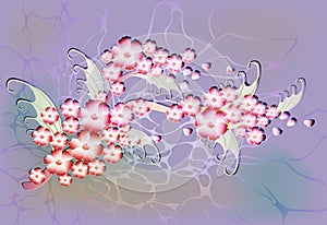 Abstract composition with branch of Sakura flowers on light background with glitter and dew drops. EPS10 vector