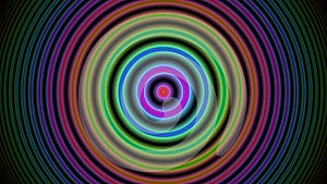 Abstract composition of bright diverging circles on a dark backgroundr, computer graphics,3D rendering, fractal