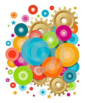 Abstract composition with circles of different sizes of yellow, green, blue and purple mixed with gears and stars. Vector