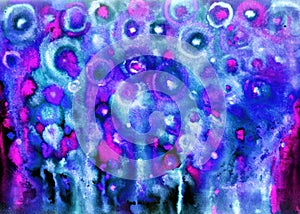 Abstract composition of circles and spots watercolor in purple and blue colors.