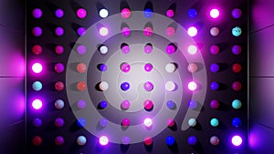 Abstract composition of colorful balls in plane, which randomly light up and reflect in each other. Multicolored spheres