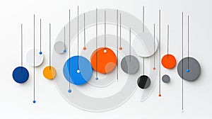 Abstract Composition of Colorful Geometric Shapes Hanging on Strings Against a White Background