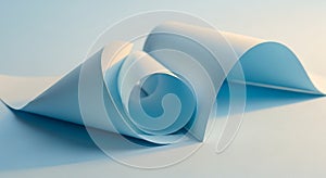 Abstract composition of curled blue paper sheets on a light blue background. The paper is
