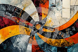 Abstract composition with dynamic swirls in bold red, orange, and teal, overlaid with textural elements and geometric