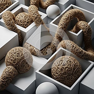 Abstract composition features geometric shapes and organic forms