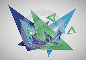 Abstract composition features overlapping, translucent triangles in