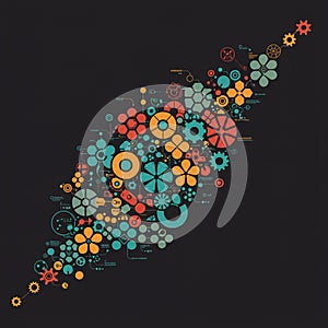 Abstract composition featuring an array of interconnected geometric shapes,