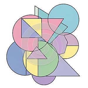 Abstract composition featuring an array of overlapping geometric shapes including circles, triangles