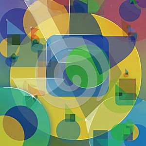 Abstract composition featuring an array of overlapping geometric shapes in vibrant