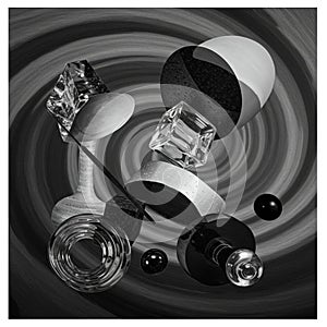 Abstract composition featuring an array of three-dimensional geometric shapes,