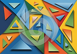 Abstract composition featuring a colorful array of overlapping triangles and shapes. Predominant