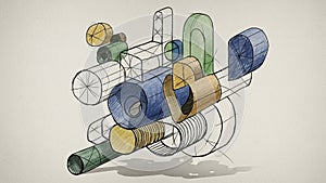 Composition featuring a complex arrangement of geometric shapes, including