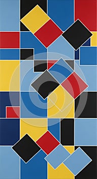 Abstract composition featuring a grid of overlapping squares and rectangles in primary