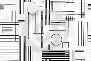 Abstract composition featuring intersecting lines, circles, and squares creating a dynamic visual pattern