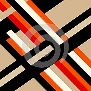 Abstract composition featuring intersecting lines and rectangles in black, beige, red,