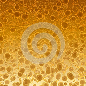 An abstract composition featuring a multitude of orange, translucent, bubble-like