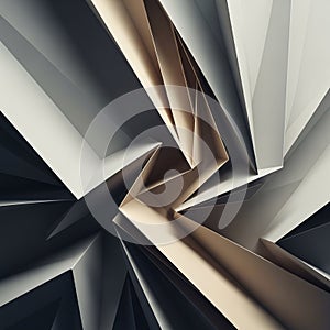 Abstract composition featuring sharp, angular geometric shapes in shades of gray and beige. The