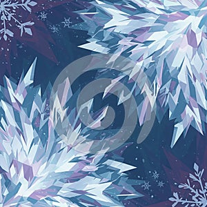 Abstract composition featuring sharp, geometric crystals in various shades of blue,