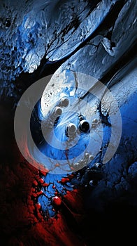 An abstract composition featuring swirling colors of blue, red, and black, evoking depth