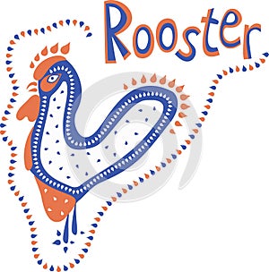 Abstract composition of a flat rooster, blue-red lettering `Rooster` and contour of the drops.