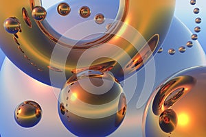 Abstract composition with flying gold spheres