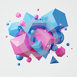 Abstract composition of geometric 3D shapes, featuring a cluster of interconnected