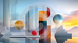 Abstract Composition with Geometric Shapes and Sunset Backdrop