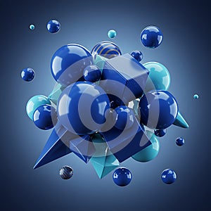 Abstract Composition of Glossy Blue Spheres, Cubes, and Pyramids Floating in Space