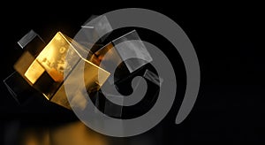 Abstract composition of golden and black cubes on a dark background
