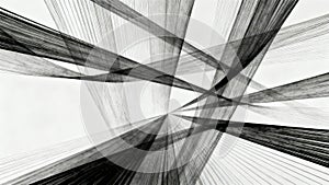An abstract composition of intersecting black and white lines creating a dynamic geometric pattern with a sense of depth and