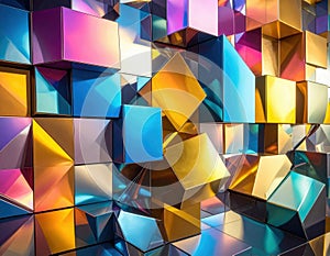 An abstract composition of iridescent, geometric cubes creates a dynamic and modern visual.
