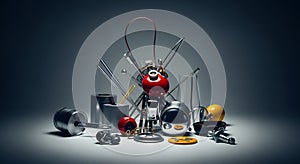Abstract Composition of Metallic and Red Objects on Gray Background