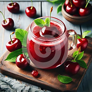 abstract composition of natural and healthy cherry juice, good for heart and blood pressure, healthy eating concept photo