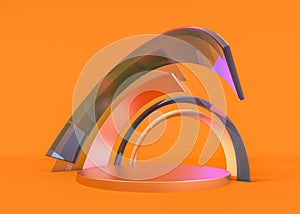 Abstract composition with podium. Futuristic interior orange. 3D illustration