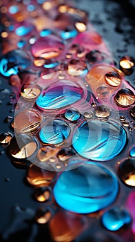 Abstract composition with rainbow colored drops. Multicolored rainbow neon colors bubbles background with copy space