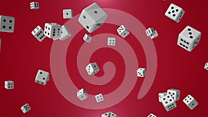 Abstract composition with realistic board game dice randomly falling with shiny red background