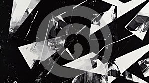 Abstract composition of sharp, angular shapes in black and white, creating a dynamic visual effect