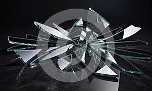 Abstract composition of shattered mirror shards scattered on a dark reflective surface
