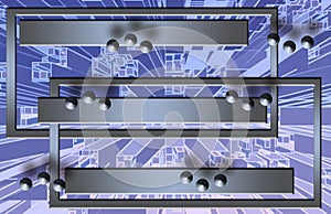 Abstract composition of silver frames and buttons on a blue mosaic background.