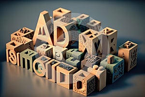 Abstract composition in study of random wooden letters Ai generated